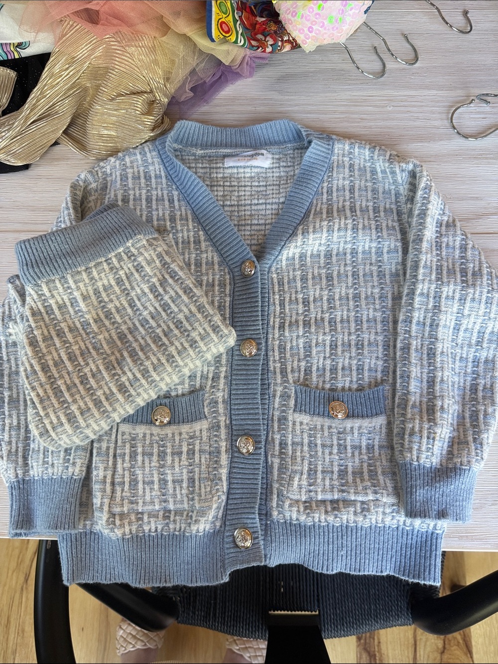 Light Blue & Cream Textured Girl’s Cardigan Skirt Set